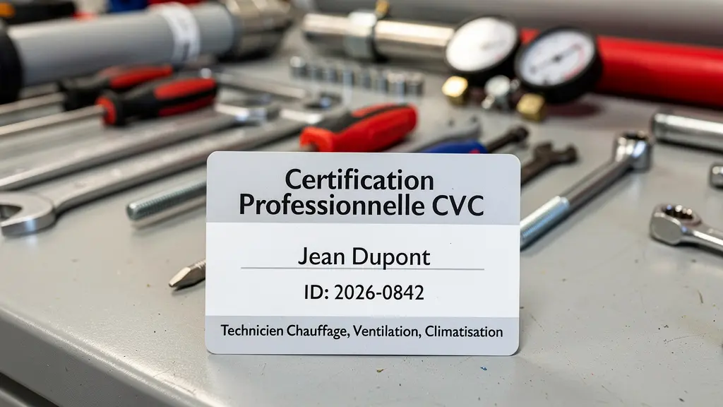 Carte de certification professionnelle CVC posée sur un établi de travail