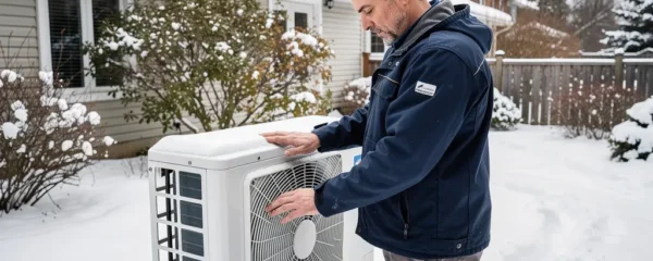 Technicien CVC certifié inspectant une thermopompe extérieure dans les Laurentides