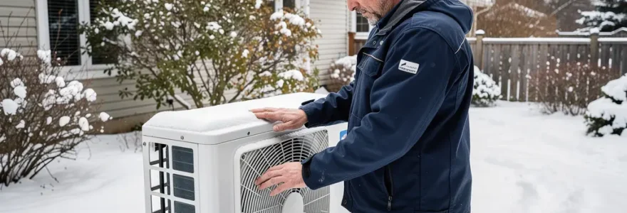 Technicien CVC certifié inspectant une thermopompe extérieure dans les Laurentides