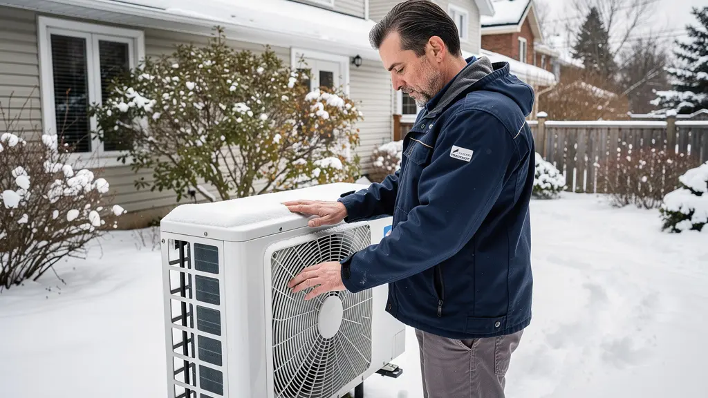 Technicien CVC certifié inspectant une thermopompe extérieure dans les Laurentides