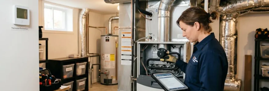 Fournaise résidentielle moderne haute efficacité installée dans un sous-sol organisé avec conduits métalliques argentés, technicien professionnel en combinaison inspectant le système avec une tablette numérique, éclairage naturel doux, environnement soigné témoignant d'un entretien régulier