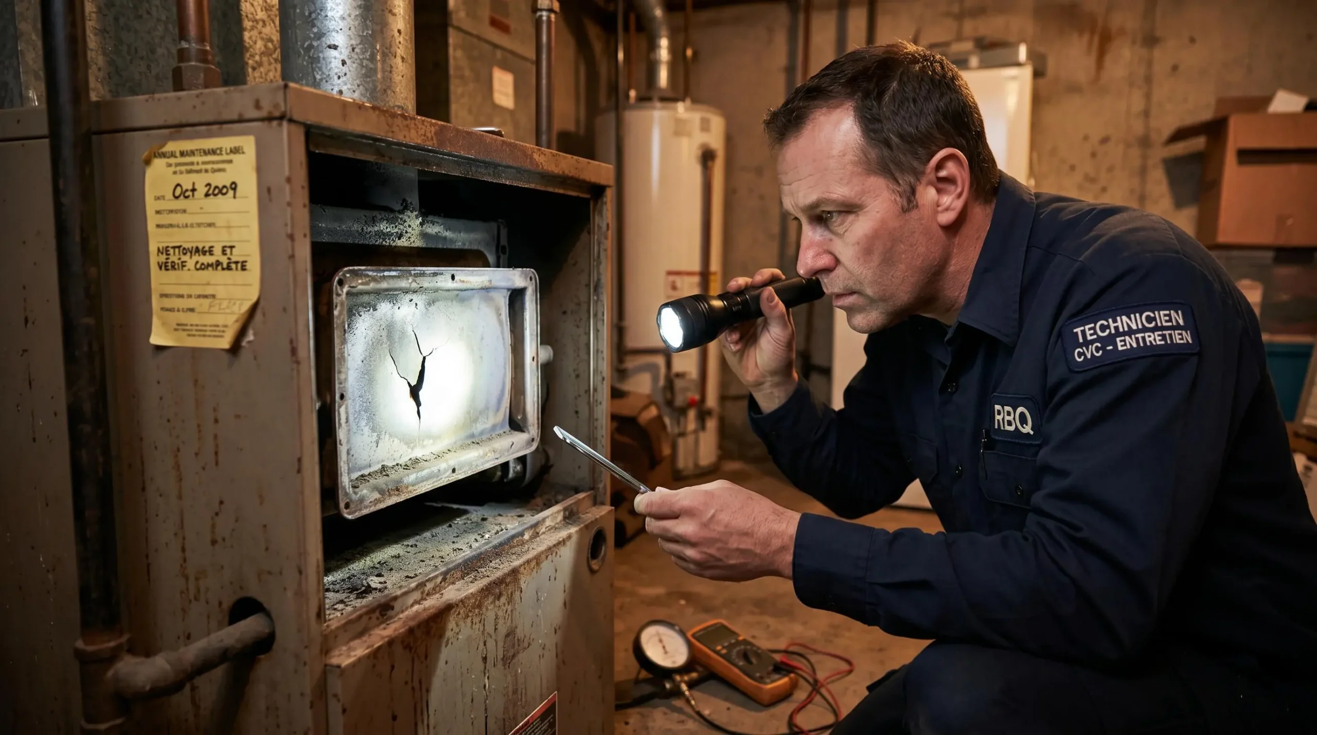 Technicien certifié RBQ accroupi examinant avec lampe de poche un échangeur de chaleur fissuré sur une fournaise résidentielle ancienne, panneau d'accès ouvert, outils de diagnostic au sol, traces d'usure et corrosion visibles