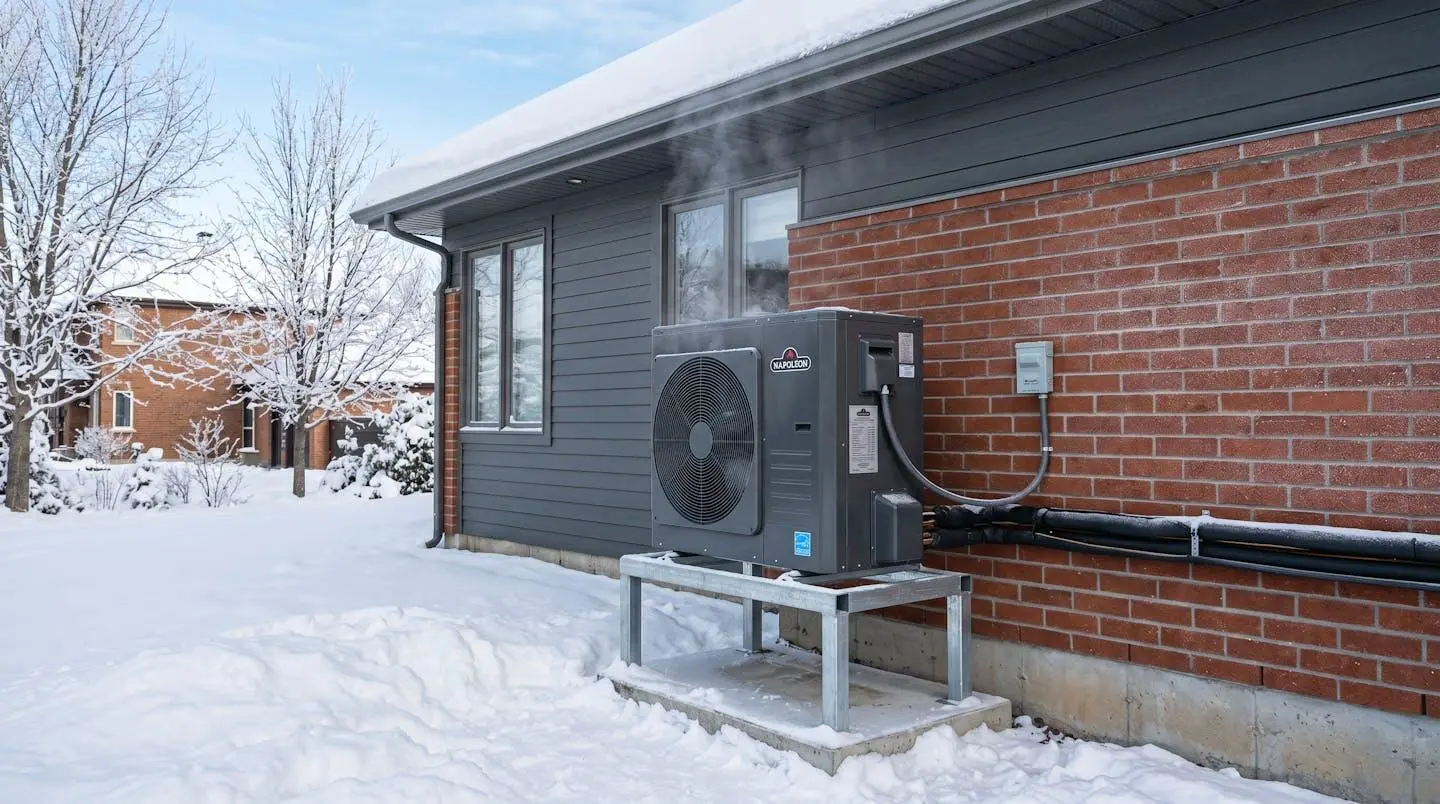 Thermopompe centrale moderne à technologie inverter installée sur socle surélevé le long d'un mur de maison québécoise, fonctionnant en hiver avec neige au sol et vapeur condensée visible, conduits isolés et installation conforme aux normes RBQ