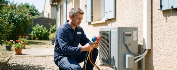 Technicien HVAC accroupi devant un groupe extérieur de climatisation, contrôlant les manomètres pendant une intervention de dépannage devant une maison individuelle.