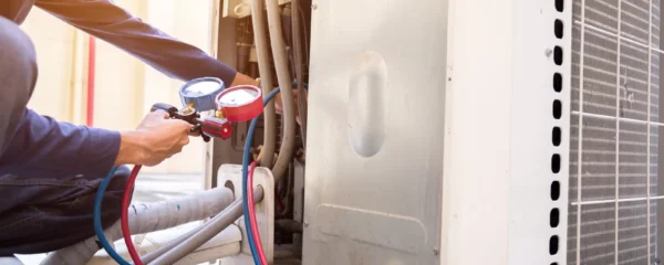Technicien HVAC accroupi devant un groupe extérieur de climatisation, contrôlant les manomètres pendant une intervention de dépannage devant une maison individuelle.