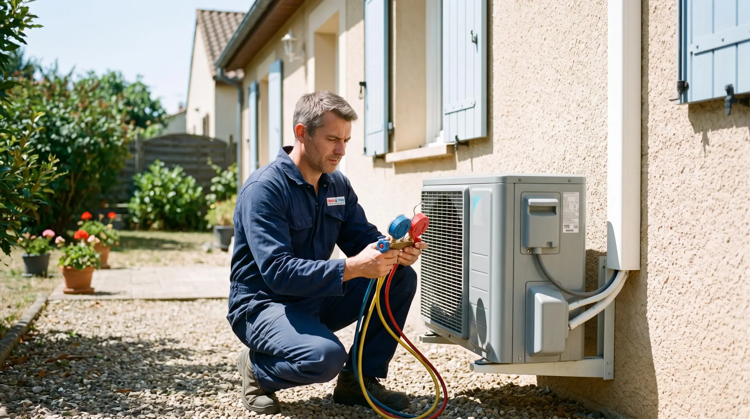 Technicien HVAC accroupi devant un groupe extérieur de climatisation, contrôlant les manomètres pendant une intervention de dépannage devant une maison individuelle.